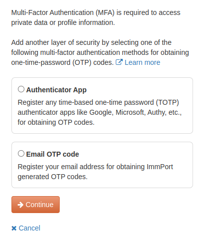 MFA registration options: Authenticator App and Email OTP code.