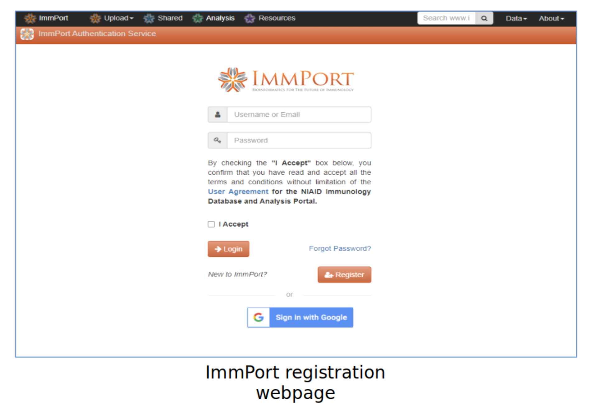 Image of ImmPort Registration webpage.