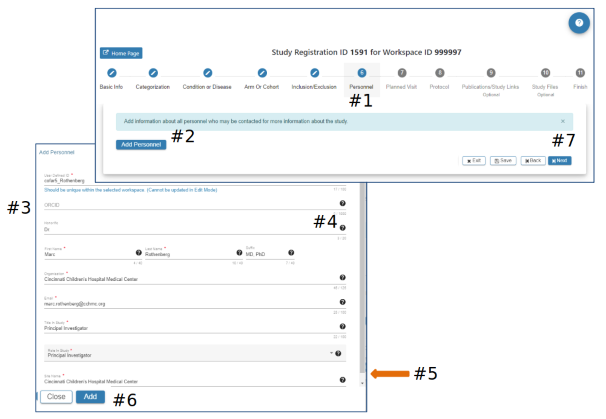 1. Displays Personnel page.
        2. Blue 'Add Personnel' button.
        3. Required fields are as follows: 'User defined ID (should be unique within the selected workspace and cannot be changed), First and Last name, Organization, Email, etc.'
        4. Black '?' provides more insight on text fields.
        5. Horizontal scroll bar on the rightmost side of the pop-up page.
        6. 'Close' and 'Add' buttons (bottom left of the page).
        7. 'Exit', 'Save', 'Back', and 'Next' rectangular buttons (bottom right of the page).