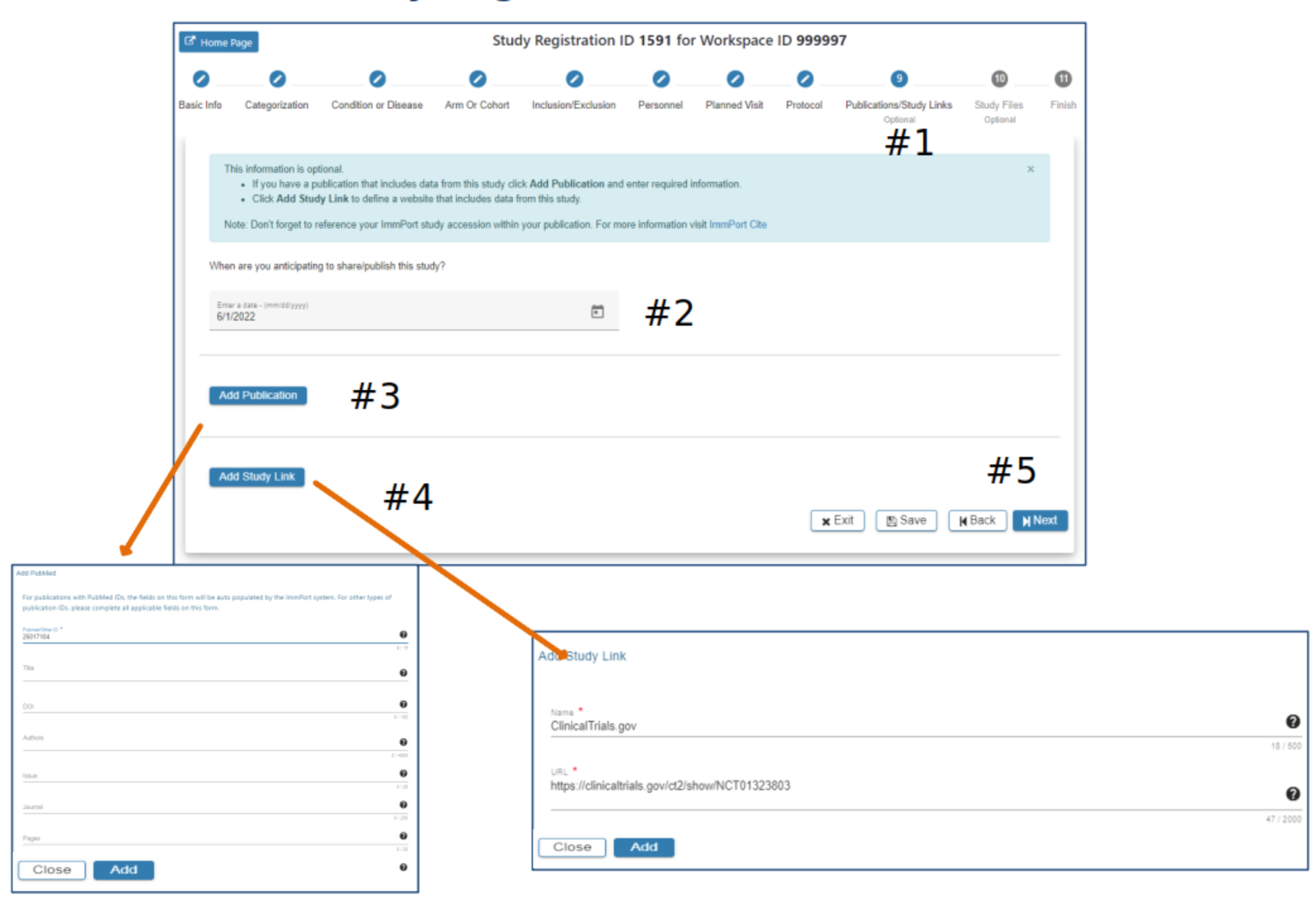 1. Displays the Publications/Study Links page.
        2. Calendar icon to select a date.
        3. Blue 'Add Publication' button.
        4. Blue 'Add Study Link' button.
        5. 'Exit', 'Save', 'Back', and 'Next' rectangular buttons (bottom right of the page).