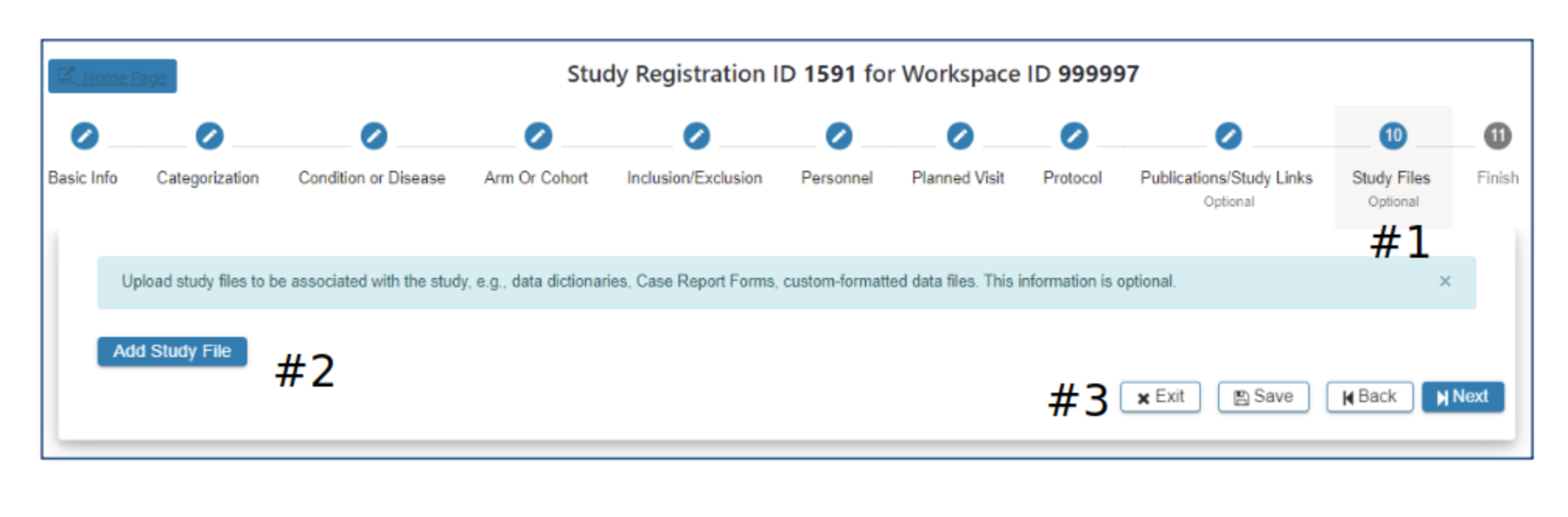 1. Displays Study File page.
        2. Blue 'Add Study File' button.
        3. 'Exit', 'Save', 'Back', and 'Next' retangular buttons (bottom right of page).