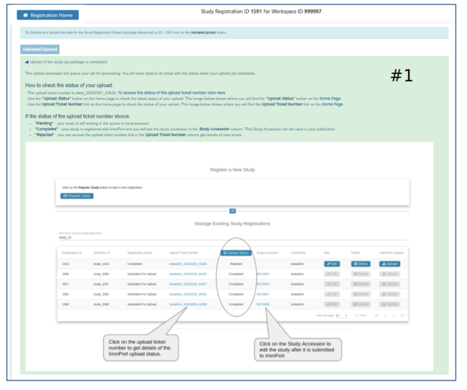 1. Displays Submission Status page.