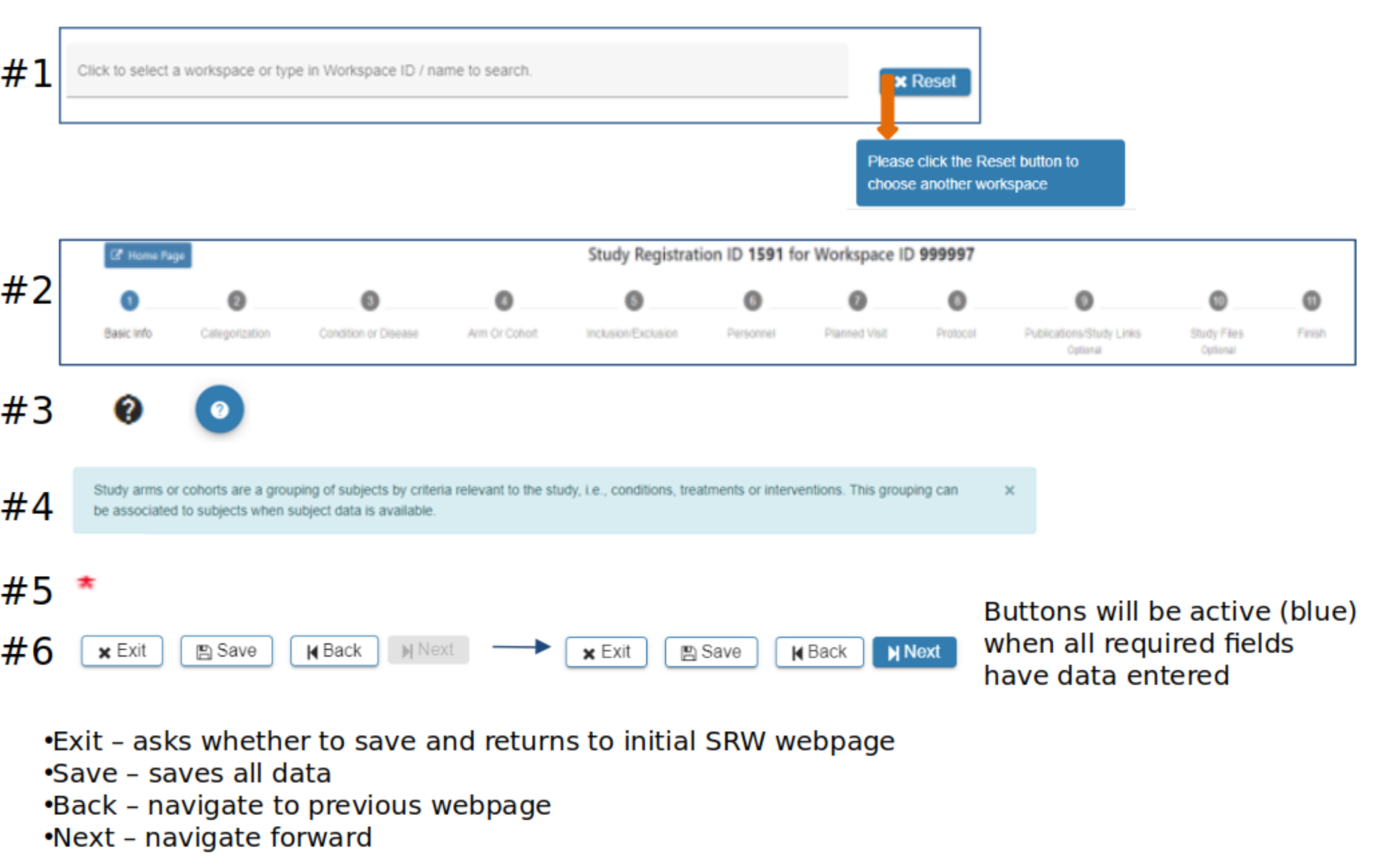 1. A search bar with a reset button to remove input.
        2. Tabs representing the whole SRW process.
        3. Question mark buttons for user assistance.
        4. Interface notes such as 'Study arms or cohorts are a grouping of subjects by criteria relevant to the study, i.e., conditions, treatments, or observations. This grouping can be associated with subjects when subject data is available.'
        5. Red asterisk.
        6. Buttons will be active (blue) when all required fields have data entered.
        Exit: Save and return to the initial SRW webpage.
        Save: Saves all data.
        Back: Navigate to the previous webpage.
        Next: Navigate forward.