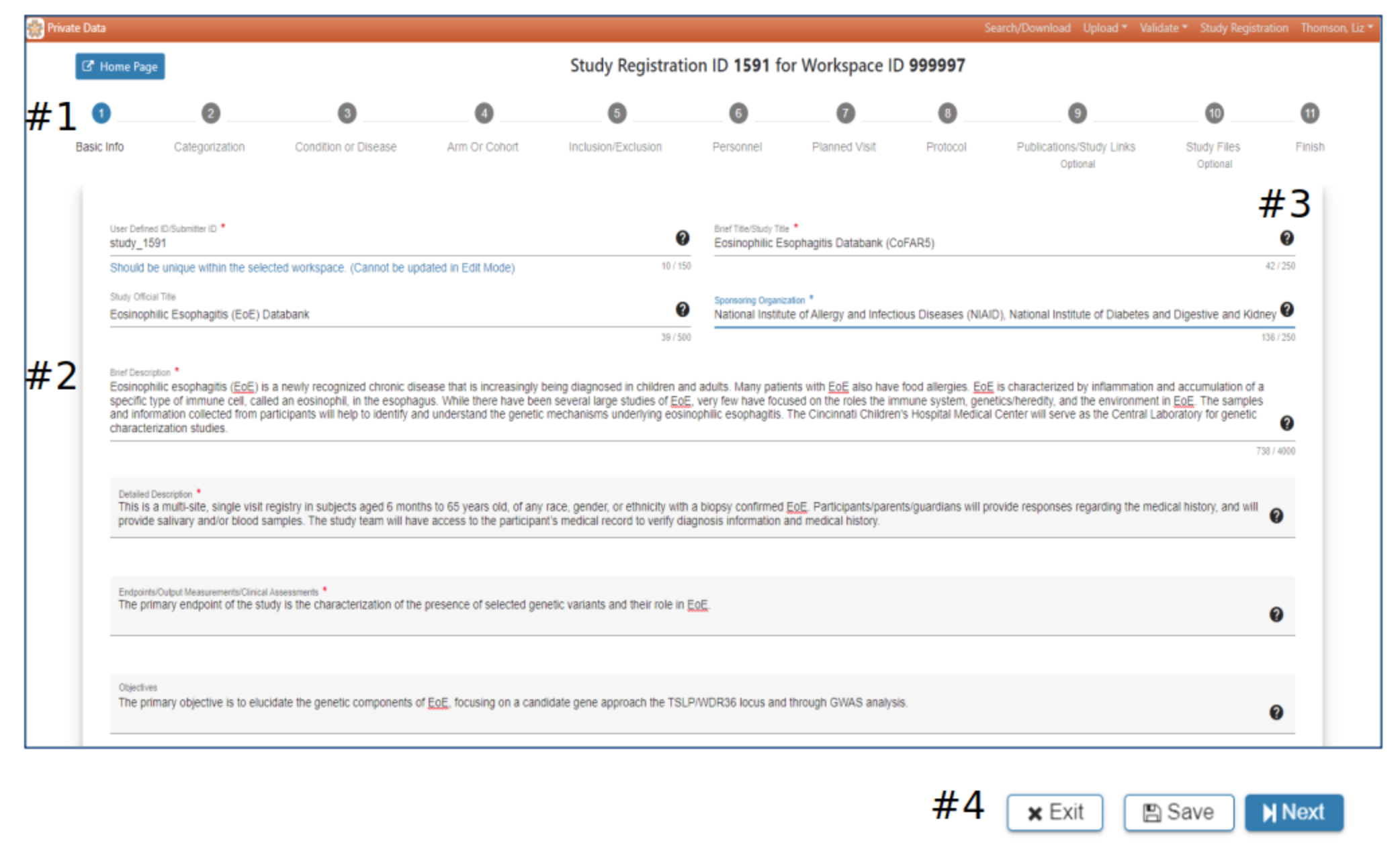 1. Tabs in succession representing the SRW process.
        2. Text fields such as User Defined ID/Submitter ID, Brief Title/Study Title, Brief Description, etc.
        3. Black 'i' provides more insight on text fields.
        4. 'Exit', 'Save', 'Back', and 'Next' rectangular buttons (bottom right of the page).