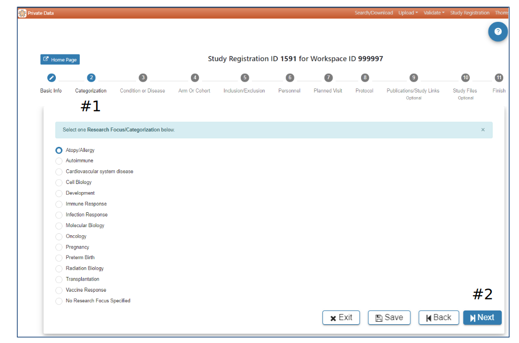 1. Displays categorization page.
        2. 'Exit', 'Save', 'Back', and 'Next' rectangular buttons (bottom right of the page).