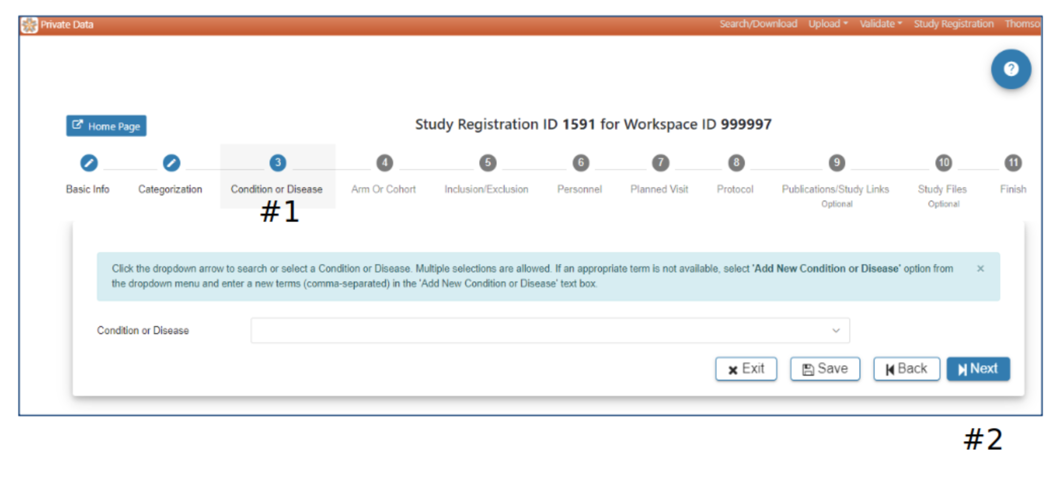 1. Displays the condition/disease page.
        2. 'Exit', 'Save', 'Back', and 'Next' rectangular buttons (bottom right of the page).