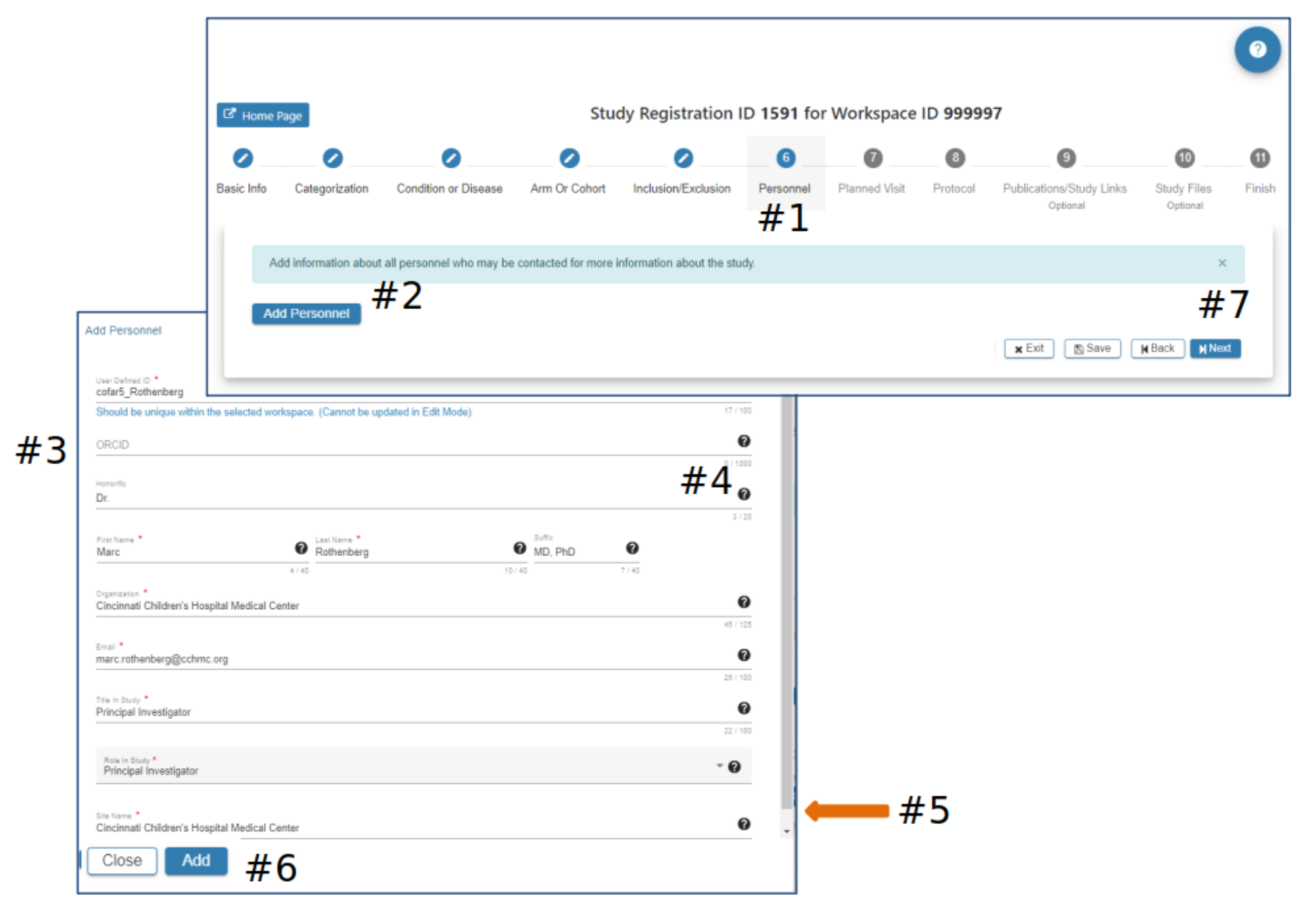1. Displays Personnel page.
2. Blue 'Add Personnel' button.
3. Required fields are as follows: 'User defined ID (should be unique within the selected workspace and cannot be changed), First and Last name, Organization, Email, etc.'
4. Black '?' provides more insight on text fields.
5. Horizontal scroll bar on the rightmost side of the pop-up page.
6. 'Close' and 'Add' buttons (bottom left of the page).
7. 'Exit', 'Save', 'Back', and 'Next' rectangular buttons (bottom right of the page).