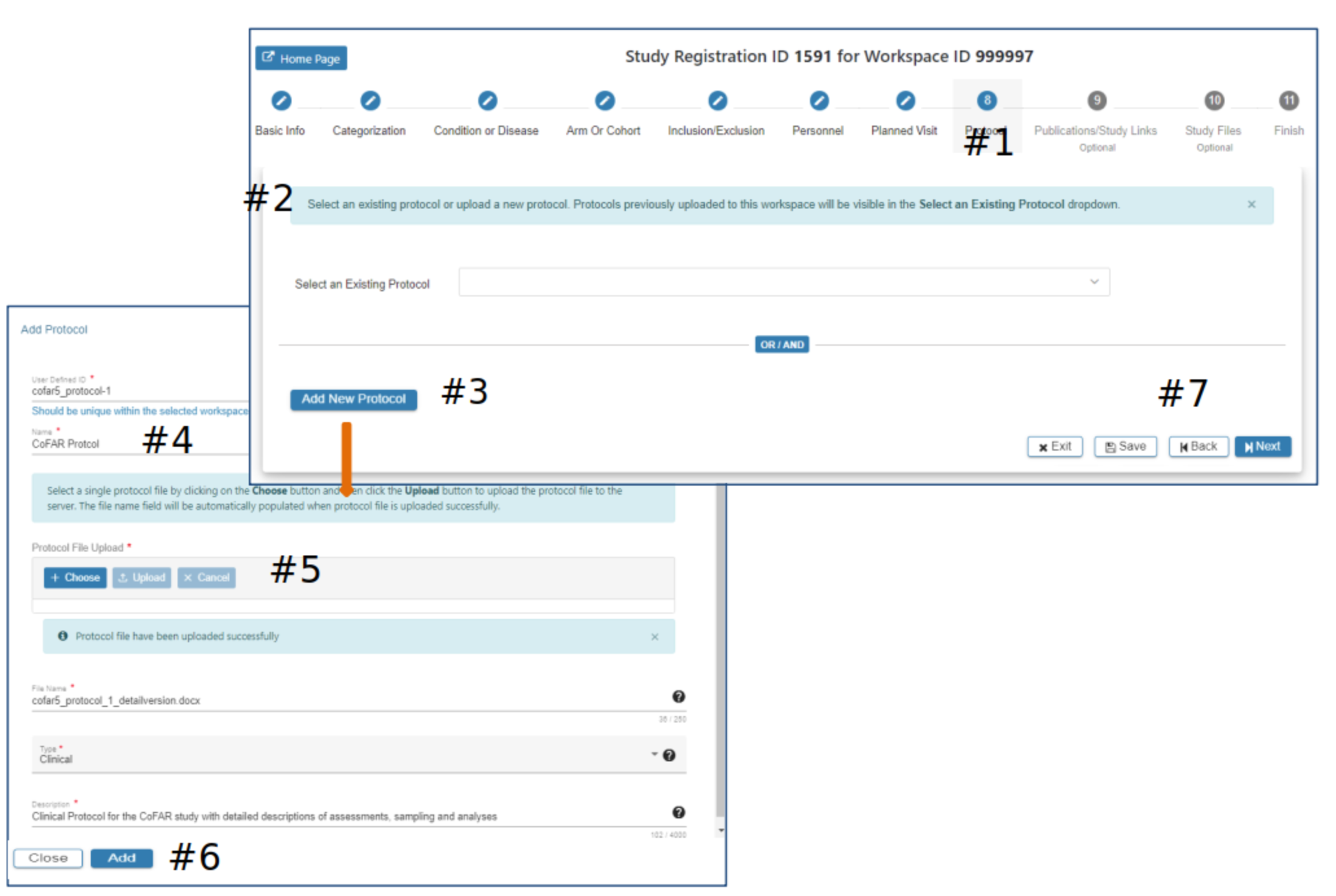 1. Displays the Protocol page.
2. Select an existing protocol or upload a new one. Protocols previously uploaded to this workspace will be visible in the 'Select an Existing Protocol' dropdown.
3. Blue 'Add New Protocol' button.
4. Required fields are as follows: 'User Defined ID' (should be unique within the selected workspace and cannot be changed), Name, Protocol File Upload, etc.
5. Blue 'Choose', 'Upload', and 'Cancel' buttons for file uploads.
6. 'Close' and 'Add' buttons (bottom left of the page).
7. 'Exit', 'Save', 'Back', and 'Next' rectangular buttons (bottom right of the page).