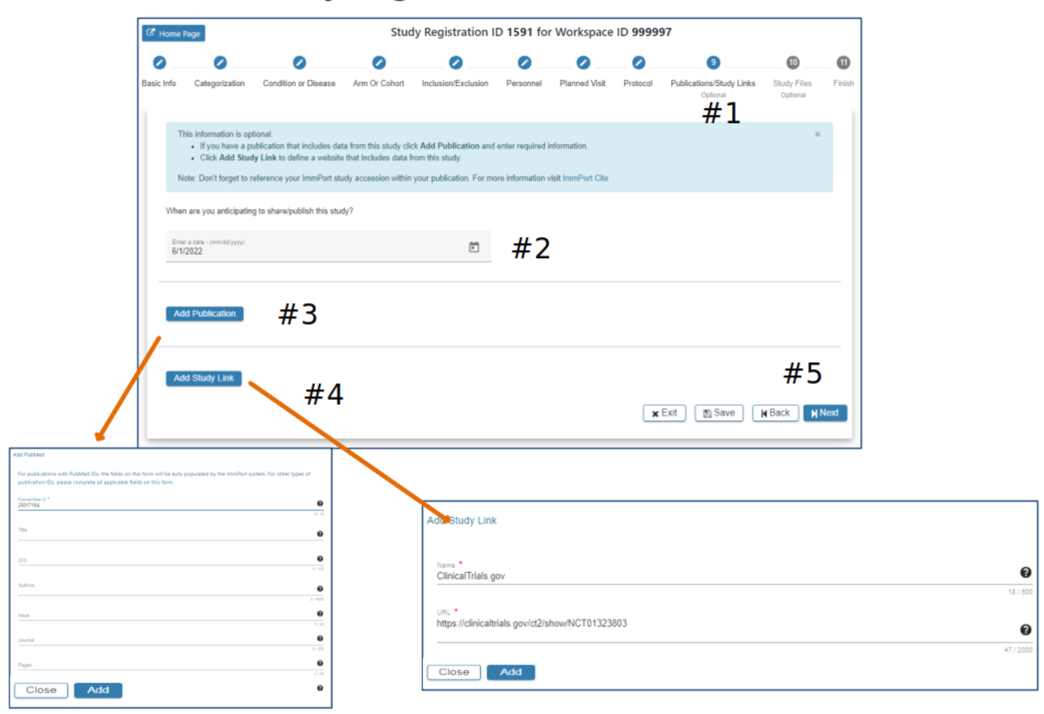1. Displays the Publications/Study Links page.
2. Calendar icon to select a date.
3. Blue 'Add Publication' button.
4. Blue 'Add Study Link' button.
5. 'Exit', 'Save', 'Back', and 'Next' rectangular buttons (bottom right of the page).