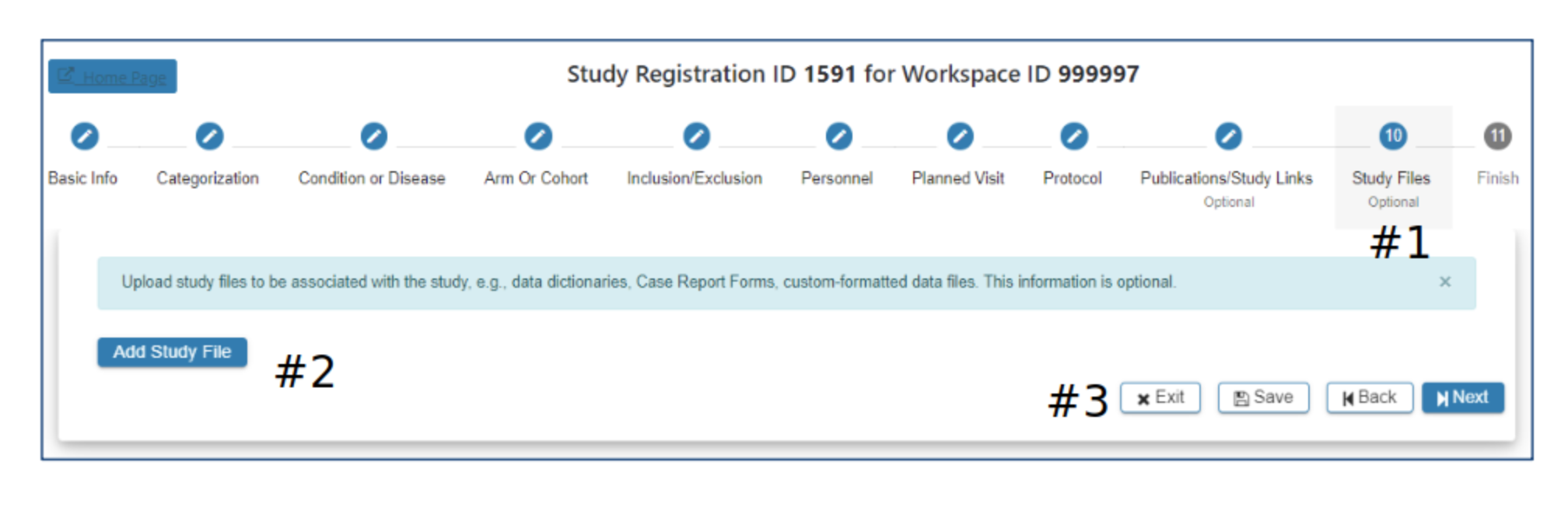 1. Displays Study File page.
2. Blue 'Add Study File' button.
3. 'Exit', 'Save', 'Back', and 'Next' retangular buttons (bottom right of page).