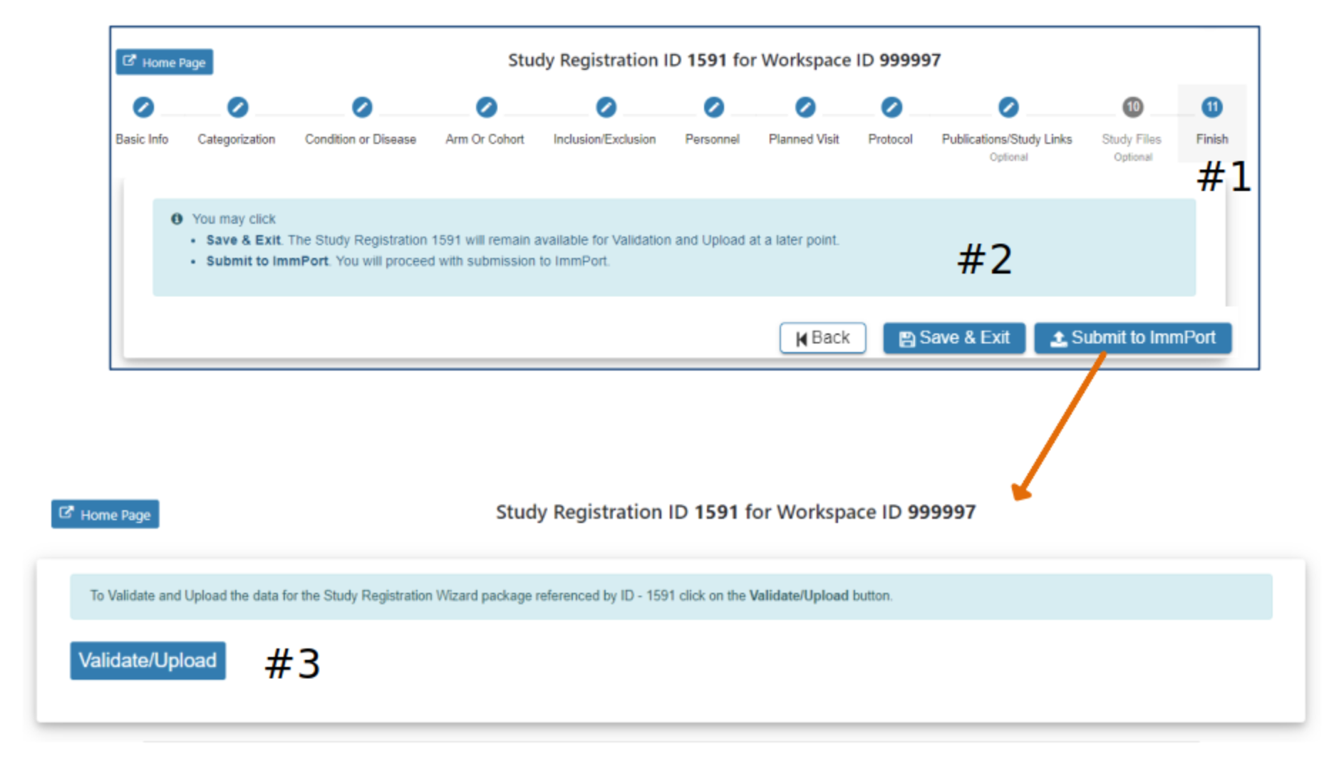 1. Displays the Validate and Upload page.
2. Options to Save & Exit or Submit to ImmPort.
3. Pop-up from 'Submit to ImmPort' needs validation.