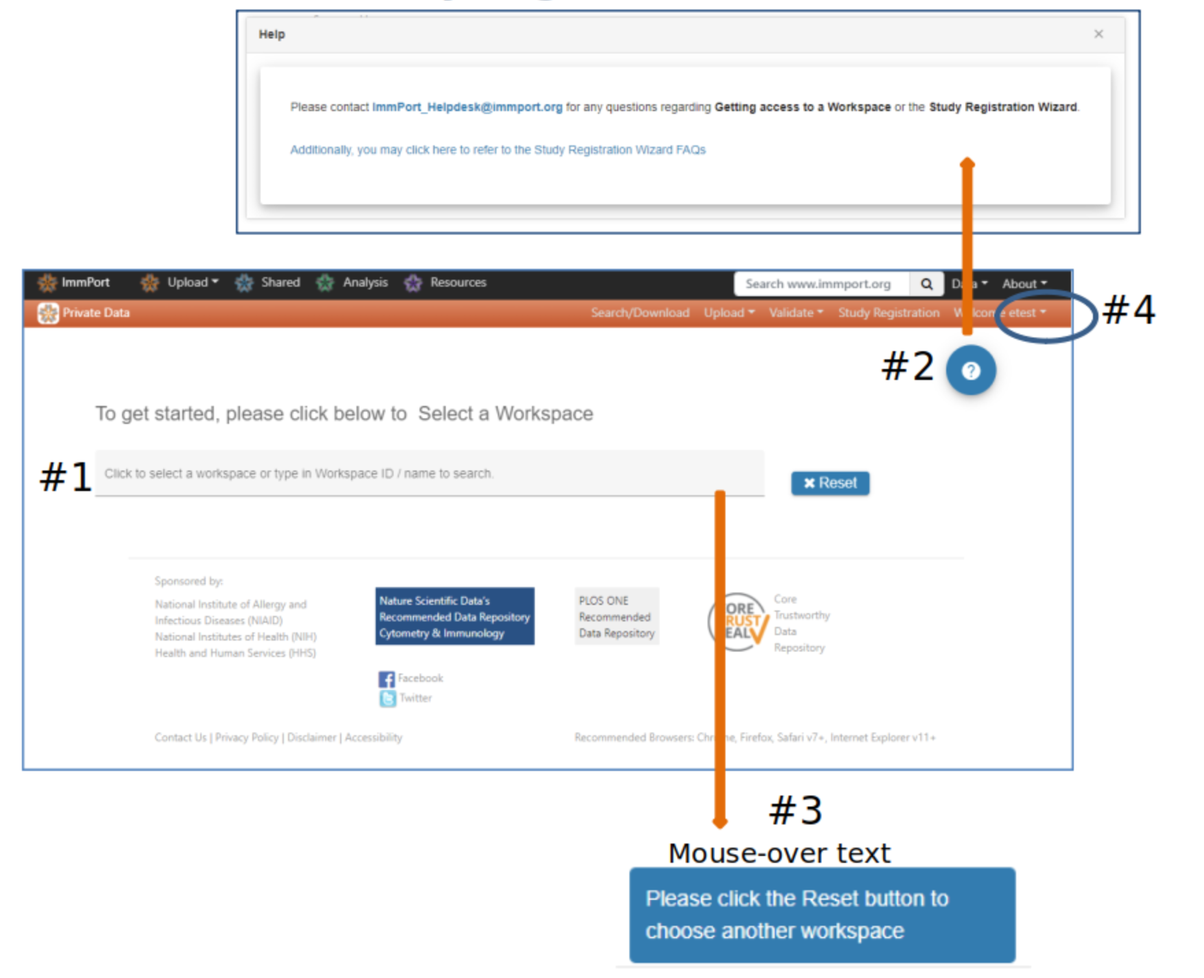 1. Search bar: click to select a workspace or type Workspace ID/name to search.
2. Question mark in a blue circle is the help button.
3. 'Reset' button to the right of the search bar.
4. 'Welcome <your account name>' is at the top left of the screen.