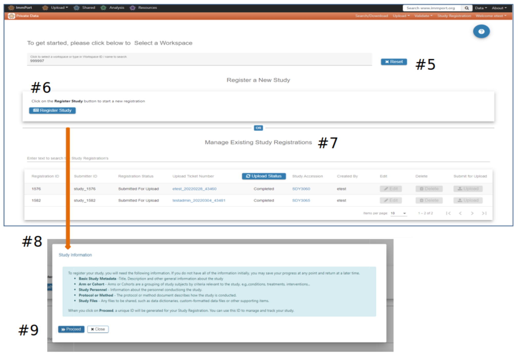 5. Presents a selected Workspace ID.
6. Blue 'Register Study' button.
7. Table of existing study registrations.
8. After clicking the 'Register Study' button, study information to proceed with registering.
9. Blue 'Proceed' and 'Close' buttons.
