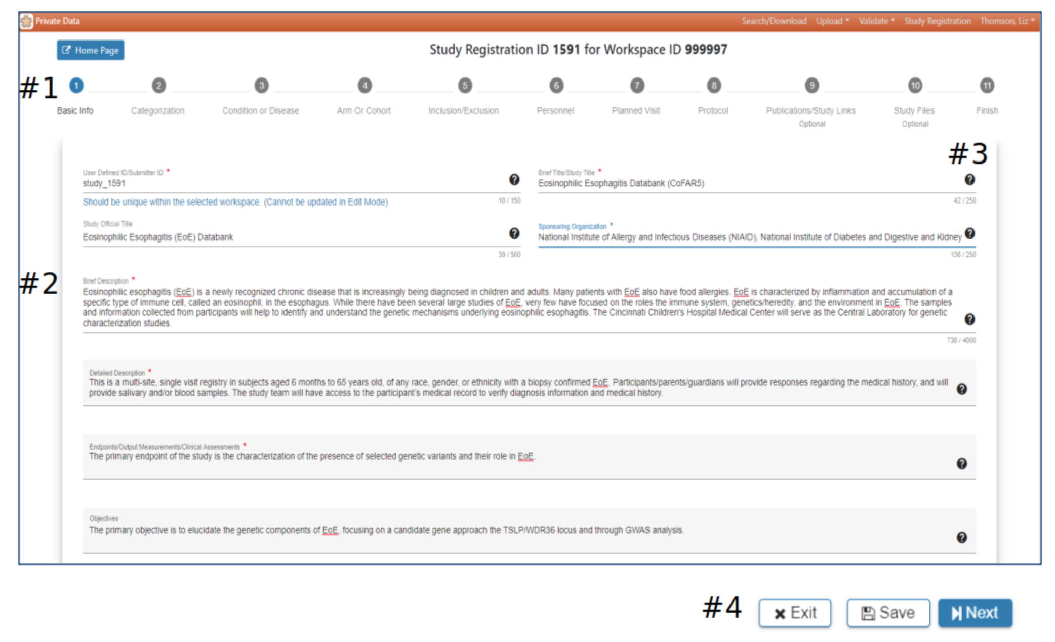 1. Tabs in succession representing the SRW process.
2. Text fields such as User Defined ID/Submitter ID, Brief Title/Study Title, Brief Description, etc.
3. Black 'i' provides more insight on text fields.
4. 'Exit', 'Save', 'Back', and 'Next' rectangular buttons (bottom right of the page).