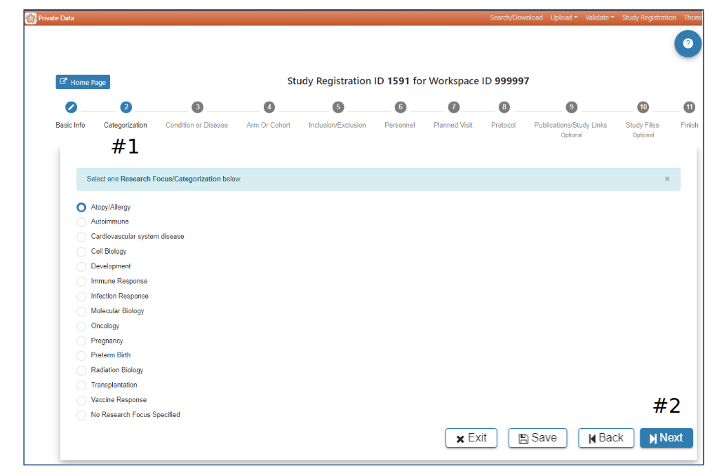 1. Displays categorization page.
2. 'Exit', 'Save', 'Back', and 'Next' rectangular buttons (bottom right of the page).