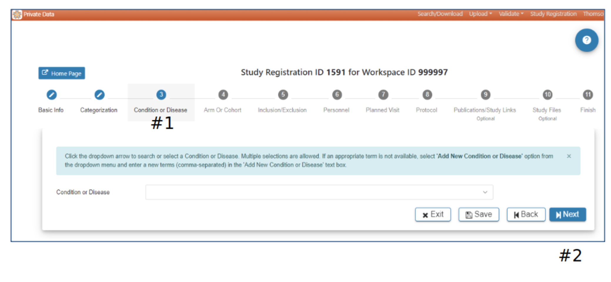 1. Displays the condition/disease page.
2. 'Exit', 'Save', 'Back', and 'Next' rectangular buttons (bottom right of the page).